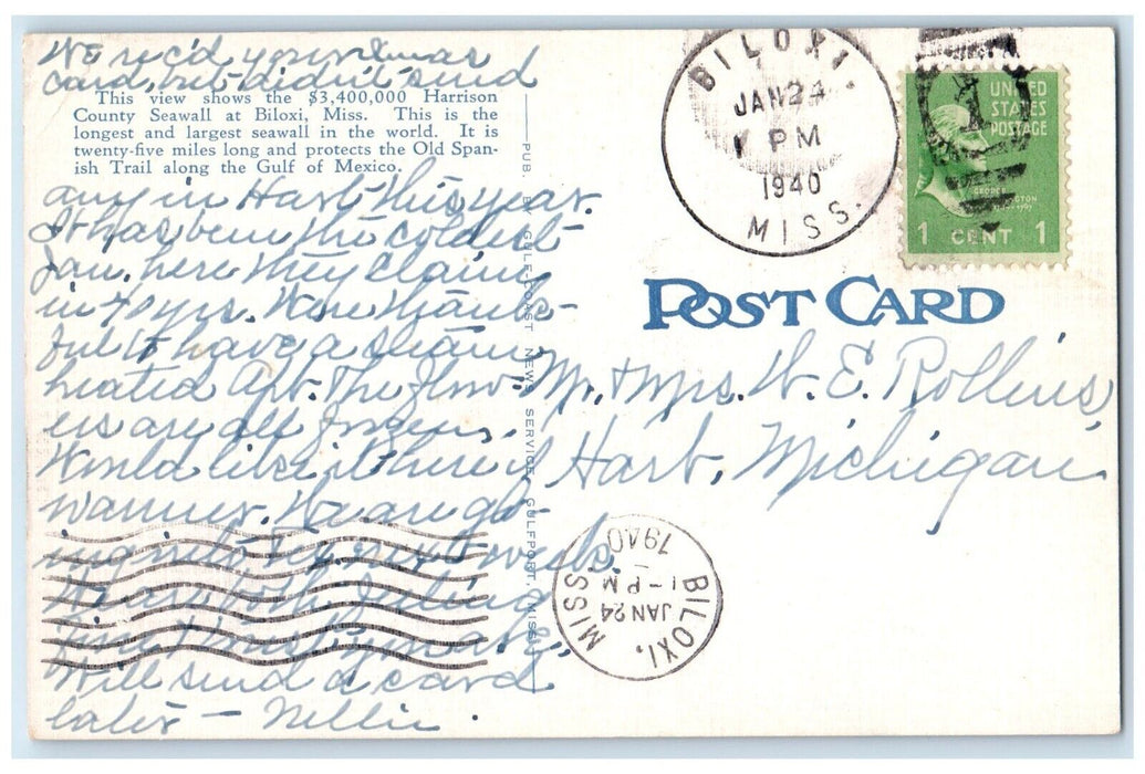 1940 View Of The Sea Wall Biloxi Mississippi MS Posted Vintage Postcard