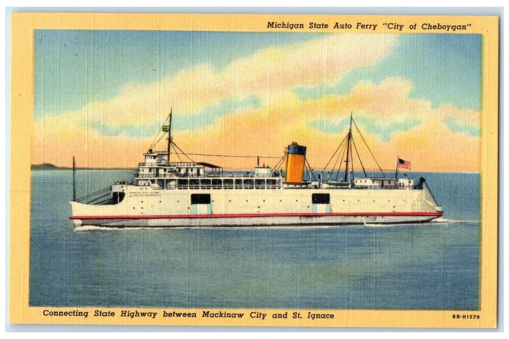 c1940 Michigan State Auto Ferry City Cheboygan Mackinaw St. Ignace MI Postcard