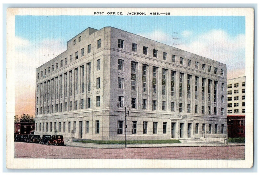 1943 Post Office Building Cars Street View Jackson Mississippi MS Postcard