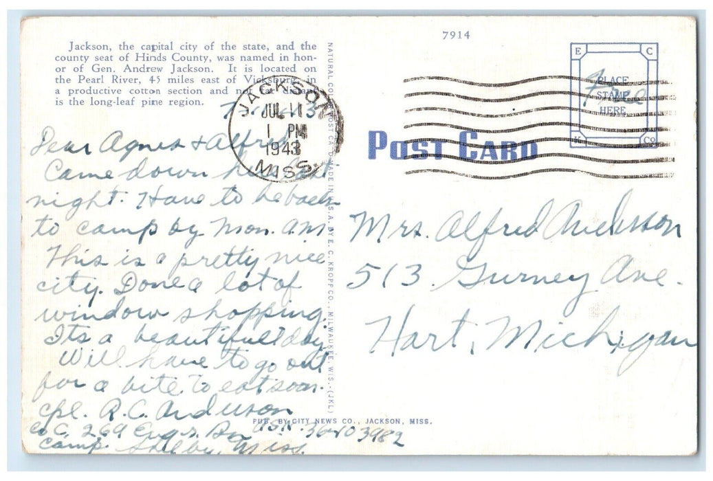 1943 Post Office Building Cars Street View Jackson Mississippi MS Postcard