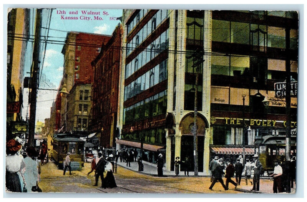 1910 View Of 12TH And Walnut Street Trolley Kansas City Missouri MO Postcard