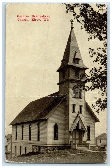 1913 German Evangelical Church Building Elroy Wisconsin Antique Vintage Postcard