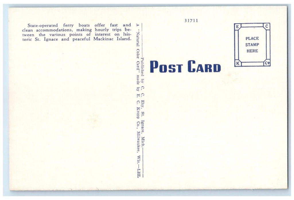 c1940 One Michigan State Ferries Connecting Highway St. Ignace Michigan Postcard