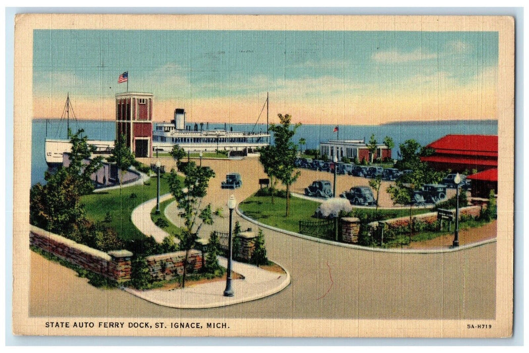 1937 State Auto Ferry Dock St. Ignace Michigan MI, Steamer Ship Cars Postcard