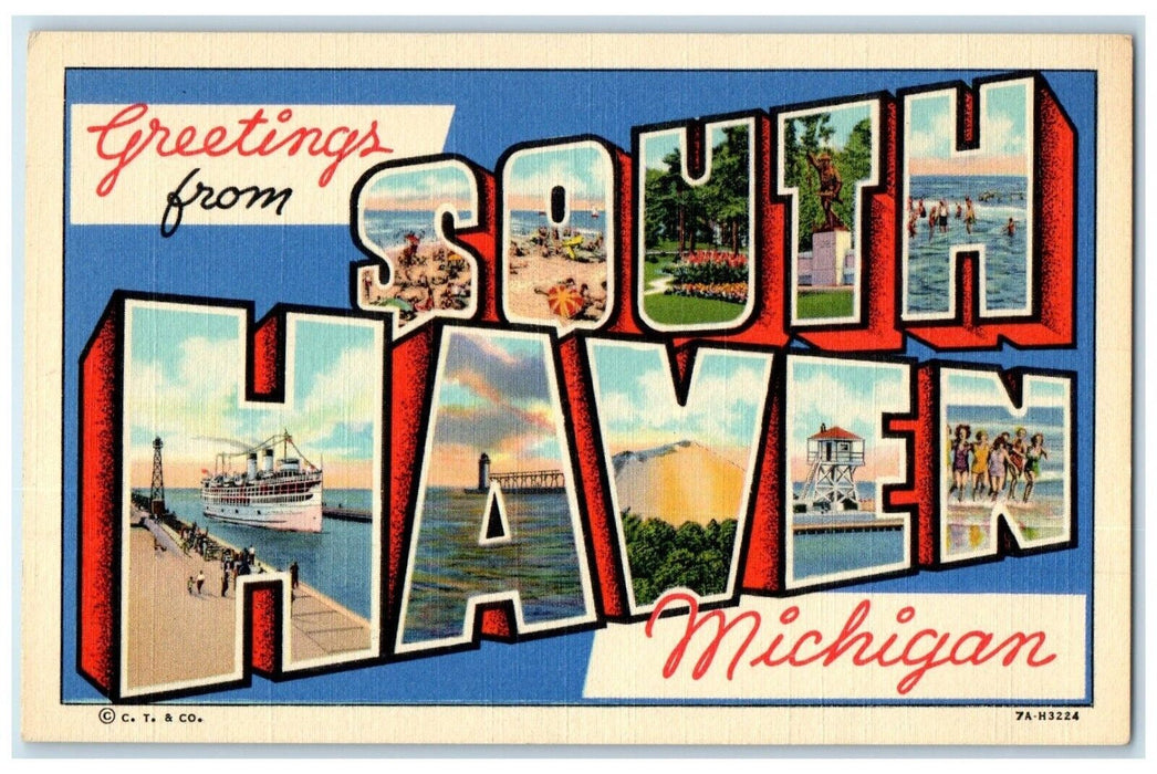 1946 Greetings From South Haven Michigan MI, Large Letters Vintage Postcard