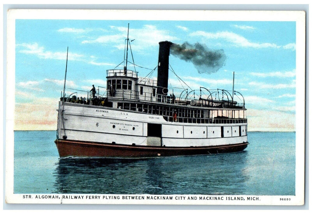 c1920 Str. Algomah Railway Ferry Plying Mackinac Mackinaw City Michigan Postcard