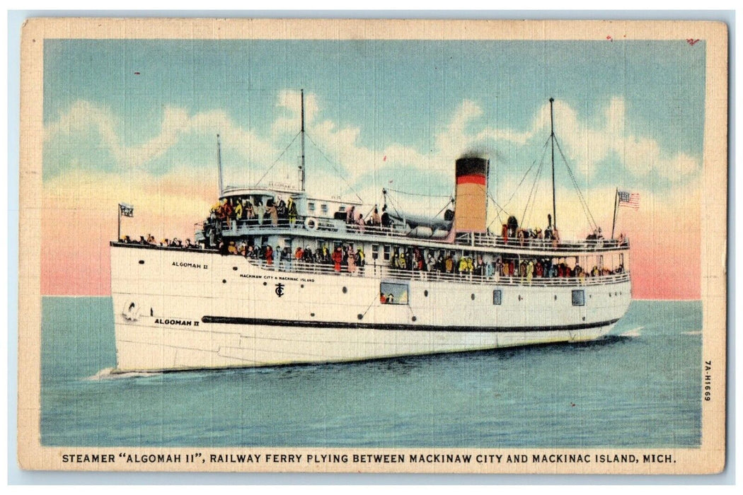 1938 Steamer Algomah II Railway Ferry Mackinaw City Mackinac Michigan Postcard