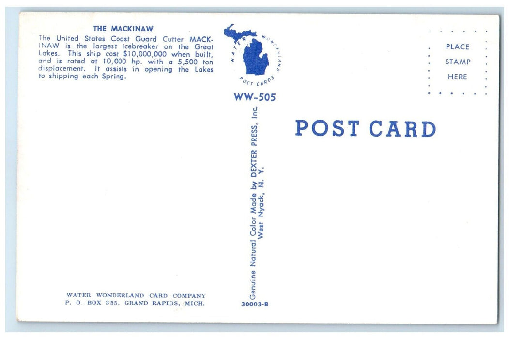 c1960 Mackinaw United States Coast Guard Cutter Ship Mackinaw Michigan Postcard