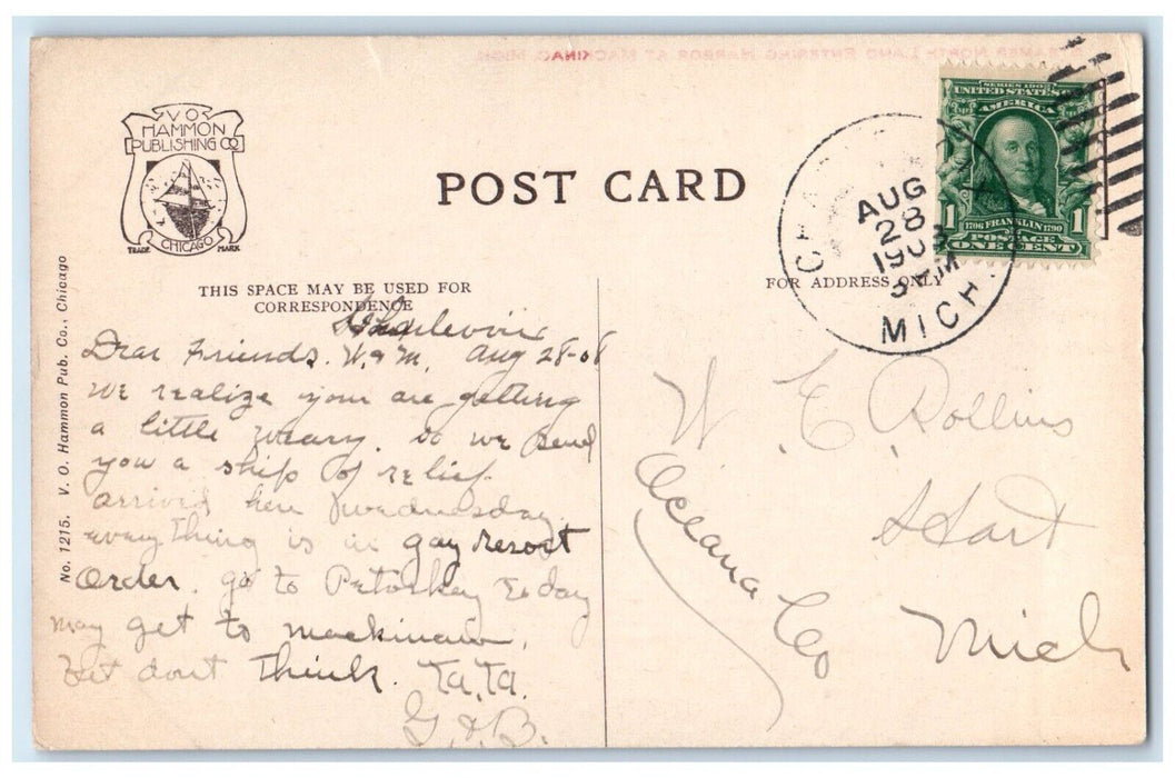 1908 Steamer North Land Entering Harbor Cruise Ship Mackinac Michigan Postcard