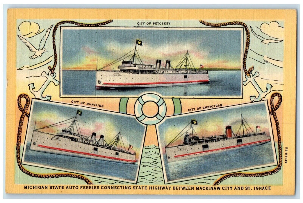 c1940 Michigan State Auto Ferries Connecting State Highway Mackinaw MI Postcard