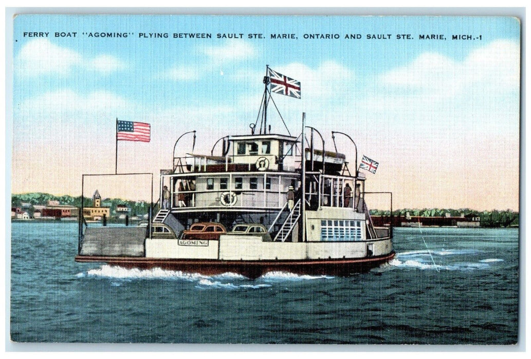 c1940 Ferry Boat Agoming Plying Sault Ste. Marie Ontario Sault Michigan Postcard