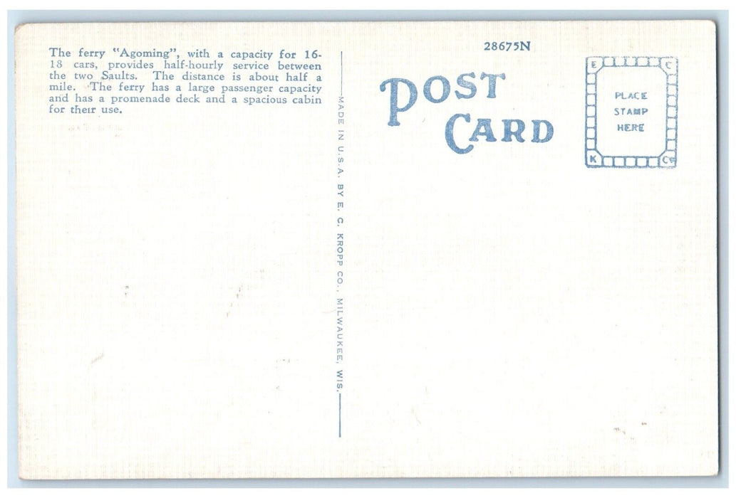 c1940 Ferry Boat Agoming Plying Sault Ste. Marie Ontario Sault Michigan Postcard