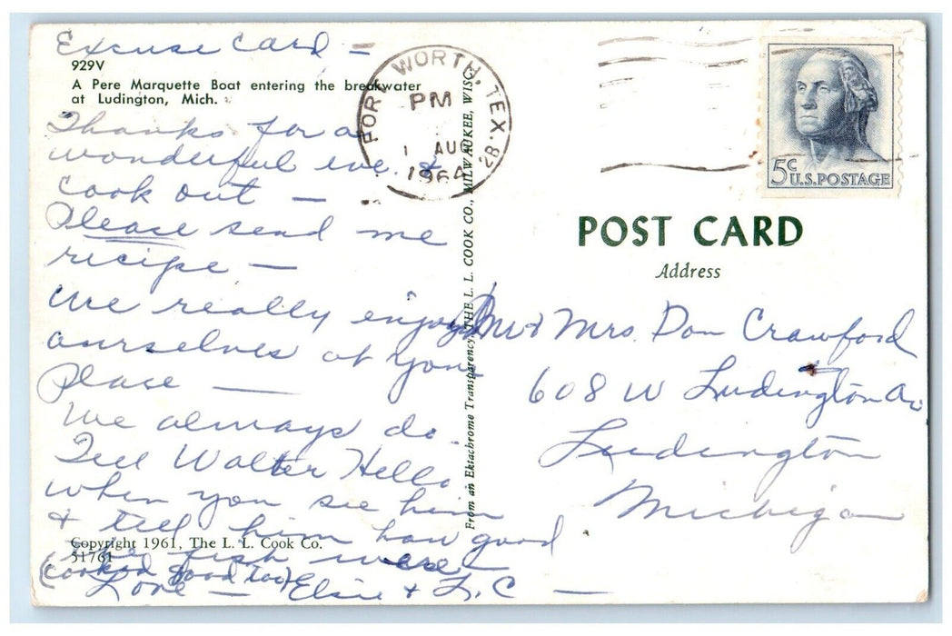 1964 Pere Marquette Boat Breakwater Steamer Exterior Ludington Michigan Postcard
