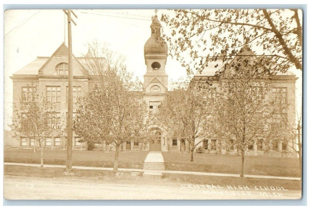 c1910's Central High School Building View Manistee MI RPPC Photo Postcard