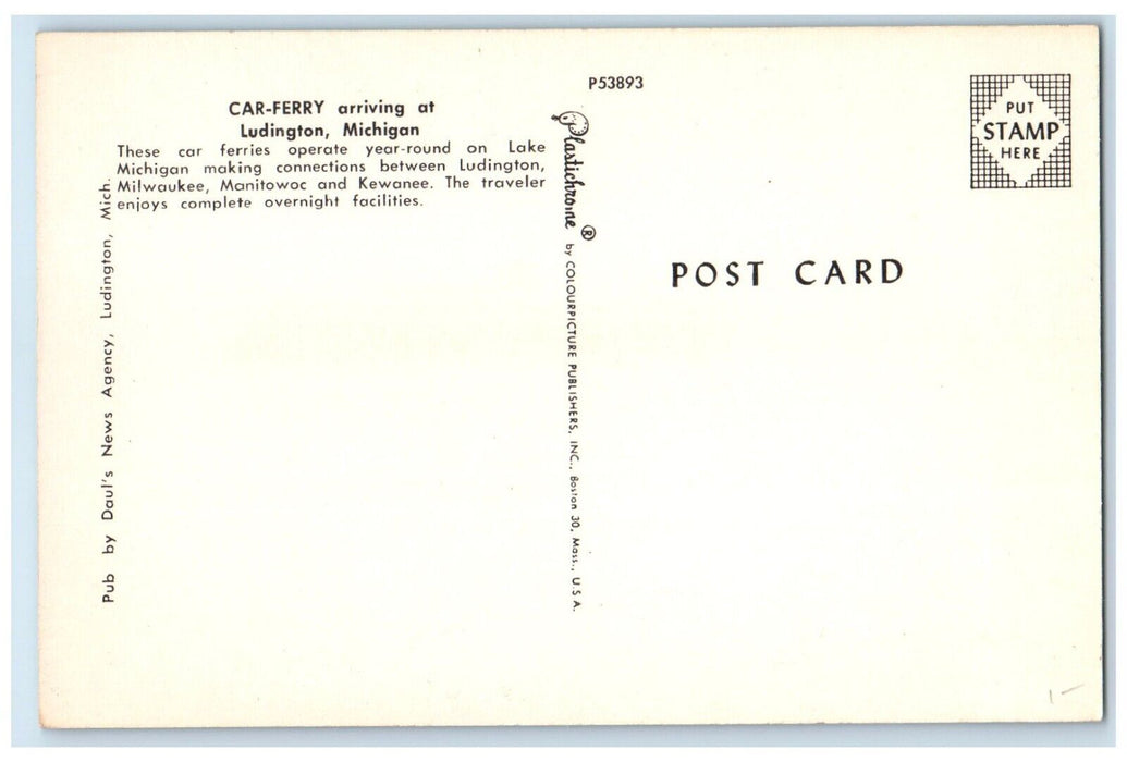 c1960 Car-Ferry Arriving Milwaukee Manitowoc Kewanee Ludington Michigan Postcard