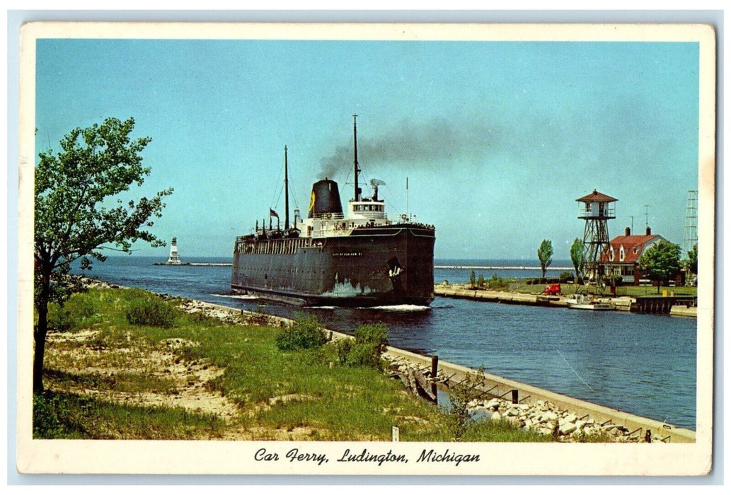 c1960 Car Ferry Passing Coast Guard Station Steamer Ludington Michigan Postcard