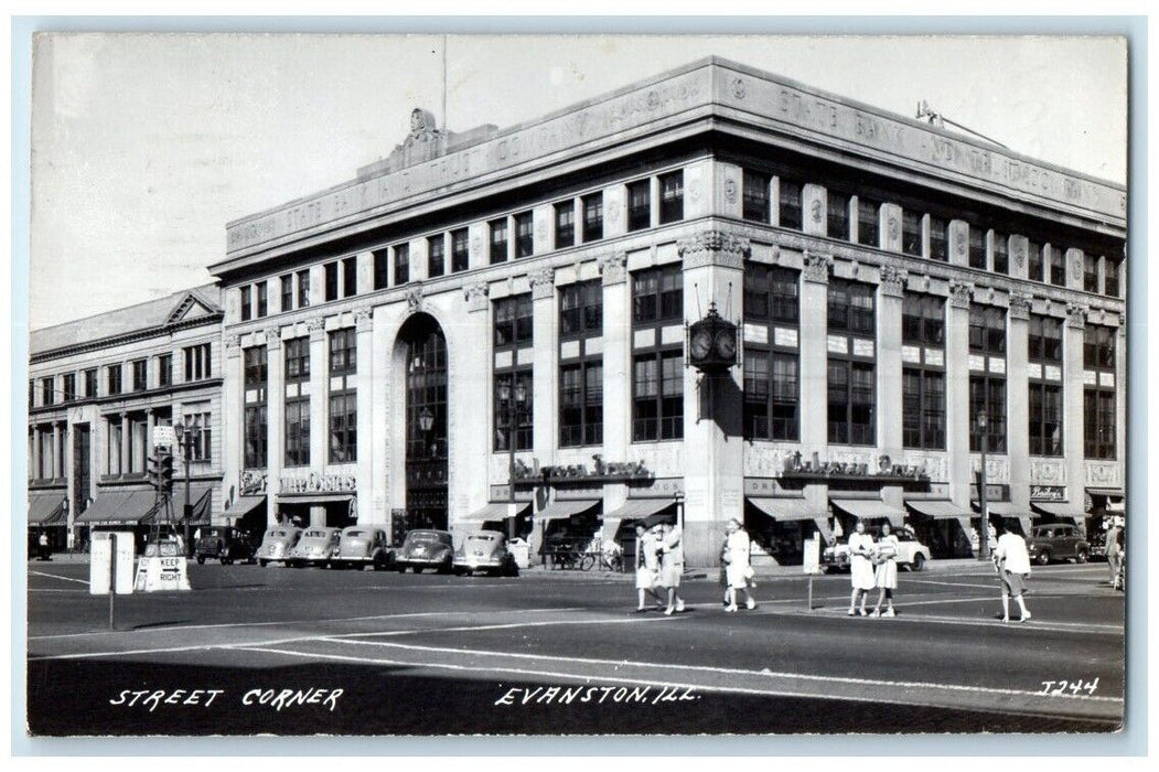 1951 Street Corner State Bank Scene Evanston Illinois IL RPPC Photo Postcard