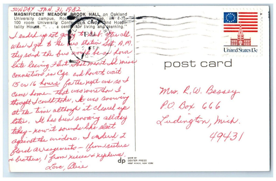 1982 Magnificent Meadow Brook Hall Oakland University Rochester MI Postcard