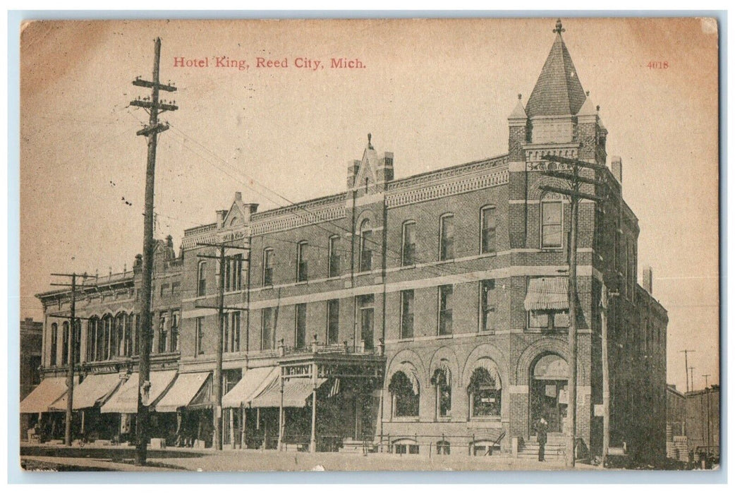 1909 Hotel King Building Stores Street View Reed City Michigan MI Postcard