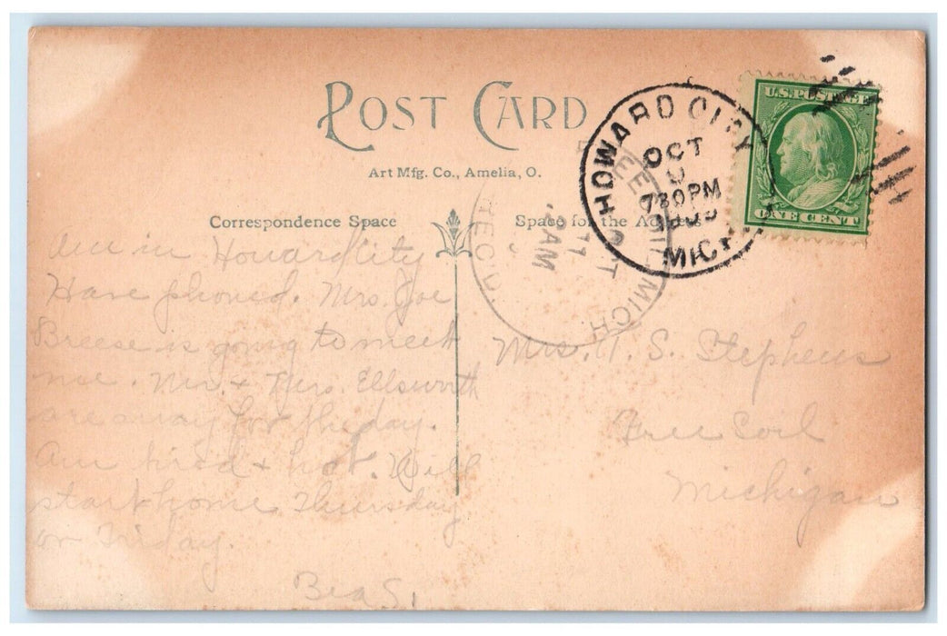 1909 Hotel King Building Stores Street View Reed City Michigan MI Postcard