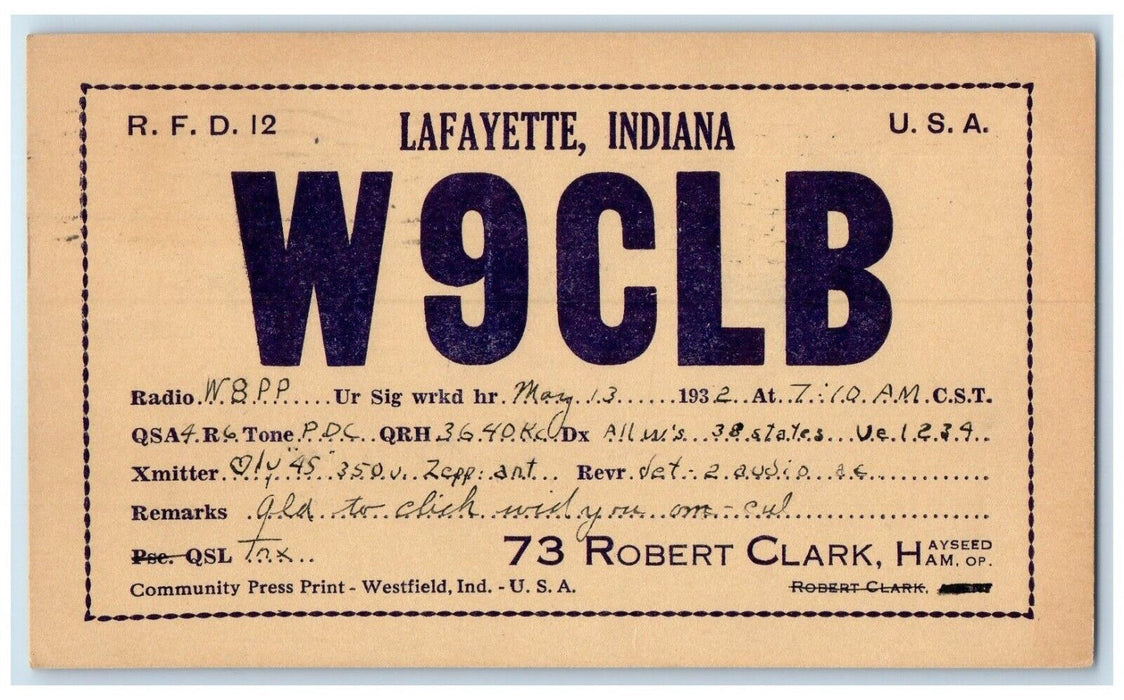 1932 Ham Radio QSL W9CLB Robert Clark Lafayette Indiana IN Vintage Postcard