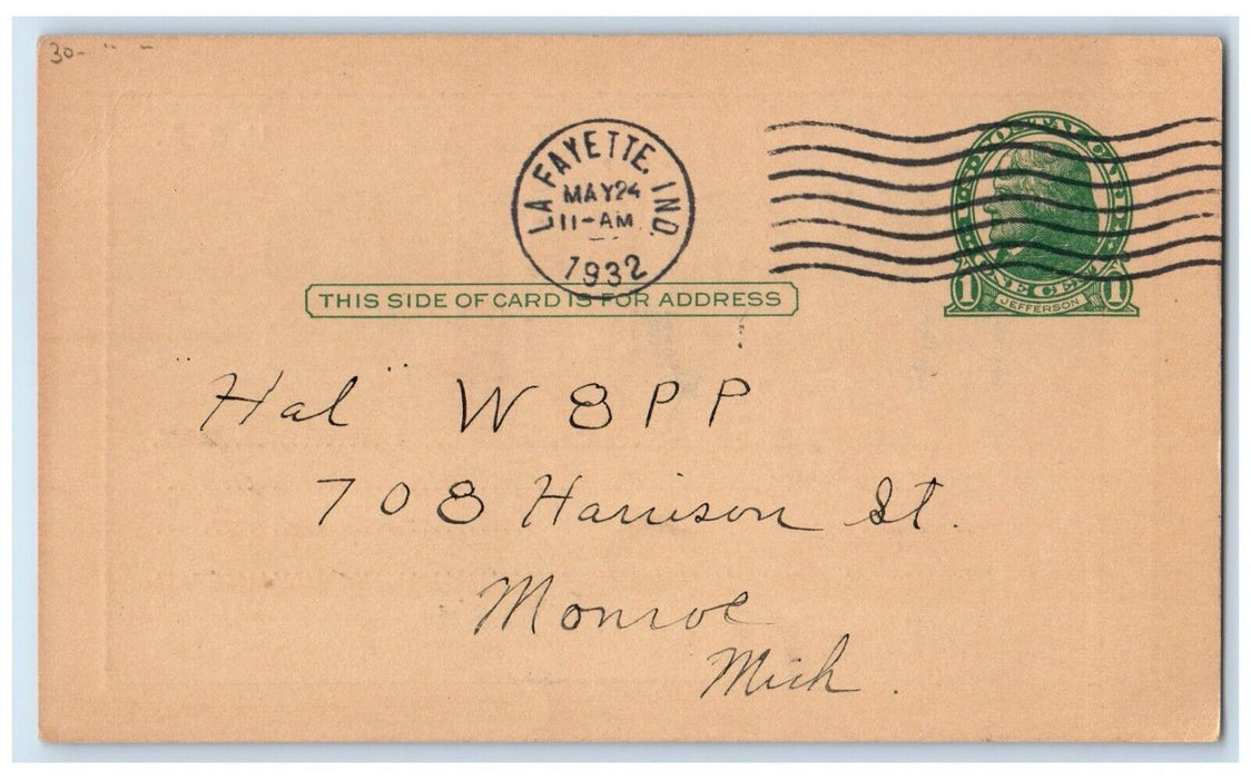1932 Ham Radio QSL W9CLB Robert Clark Lafayette Indiana IN Vintage Postcard