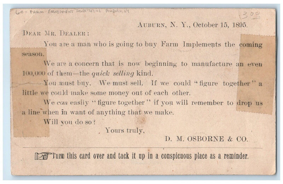 1895 DM Osborne & Co. Farm Equipment Advertising Auburn New York NY Postcard