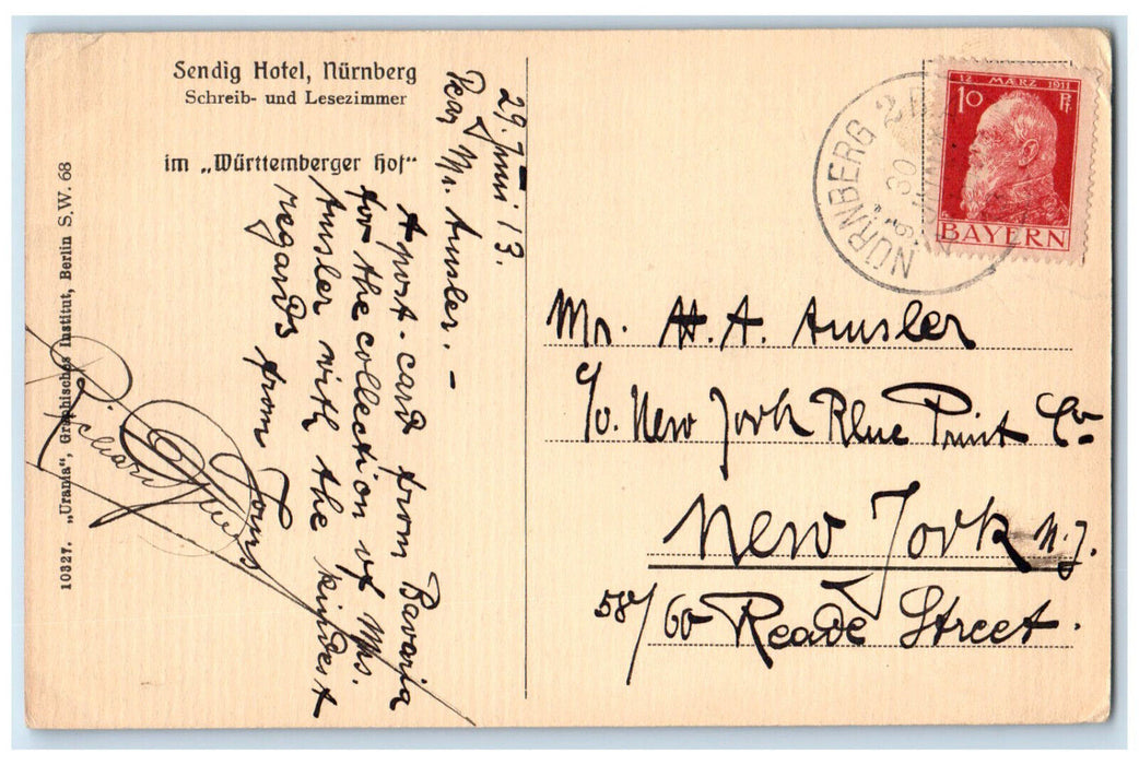 1913 Sendig Hotel Nurnberg Writing & Reading Room Germany Posted Postcard