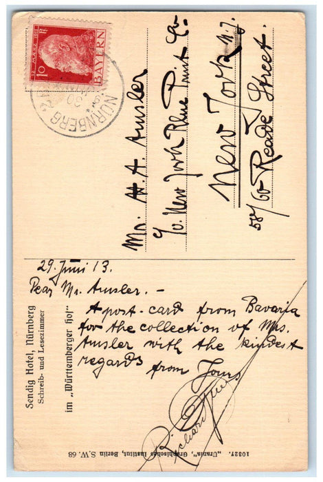 1913 Sendig Hotel Nurnberg Writing & Reading Room Germany Posted Postcard