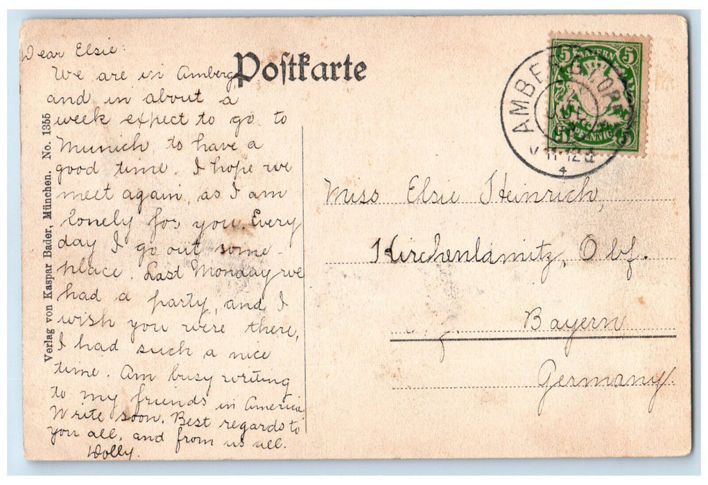 c1910 Greetings from Amberg City Hall Germany Antique Posted Postcard