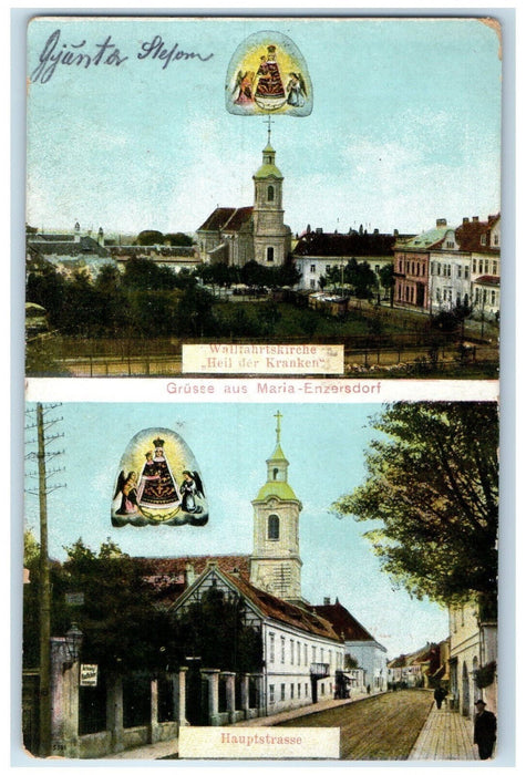 c1910 Main Road Church Grusse Aus Maria-Enzersdorf Austria Multiview Postcard