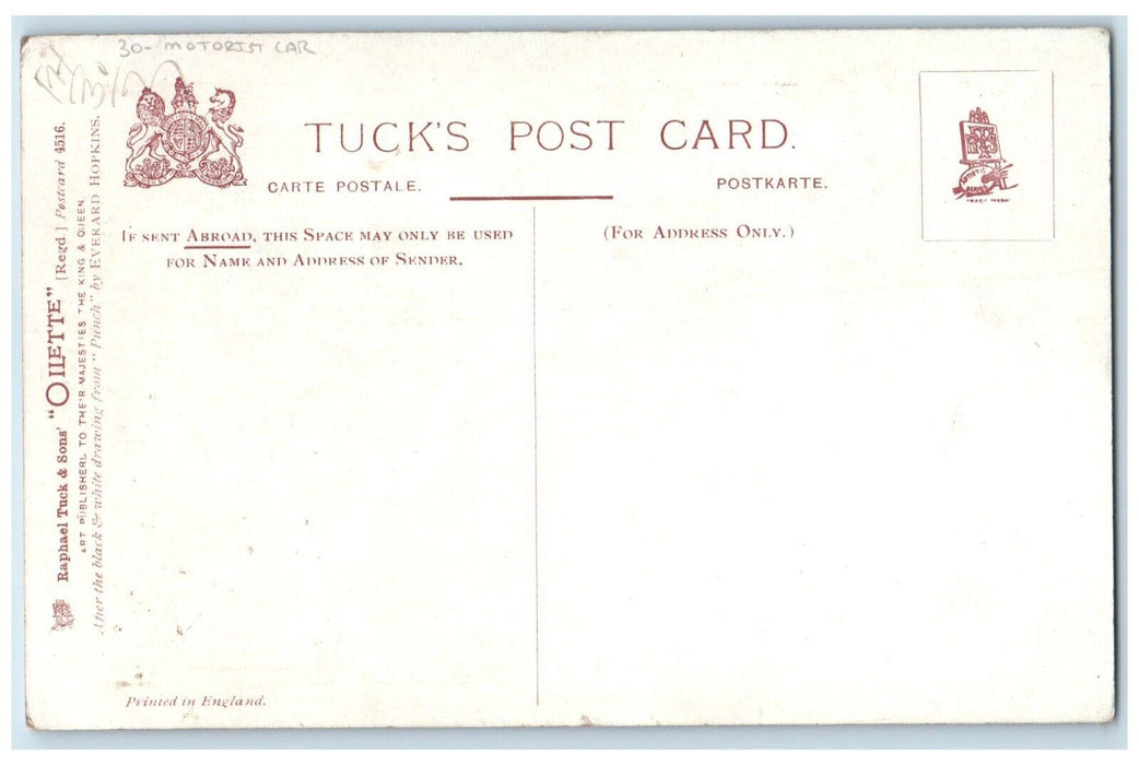 c1910's Couple Motorist Car Handwarmer Oilette Tuck's Unposted Antique Postcard