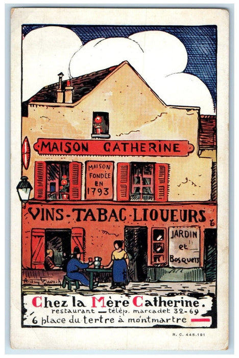 c1920's Chez La Mere Catherine Restaurant Place du Tertre Paris France Postcard