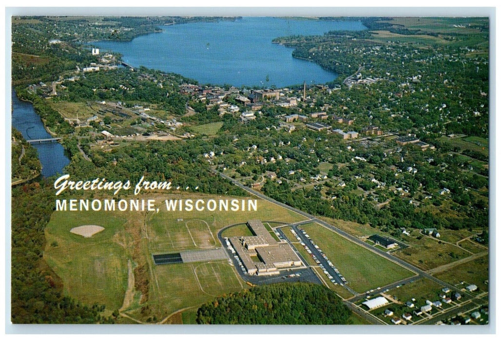 c1960 Aerial View Greetings From Menomonie Wisconsin WI Antique Vintage Postcard