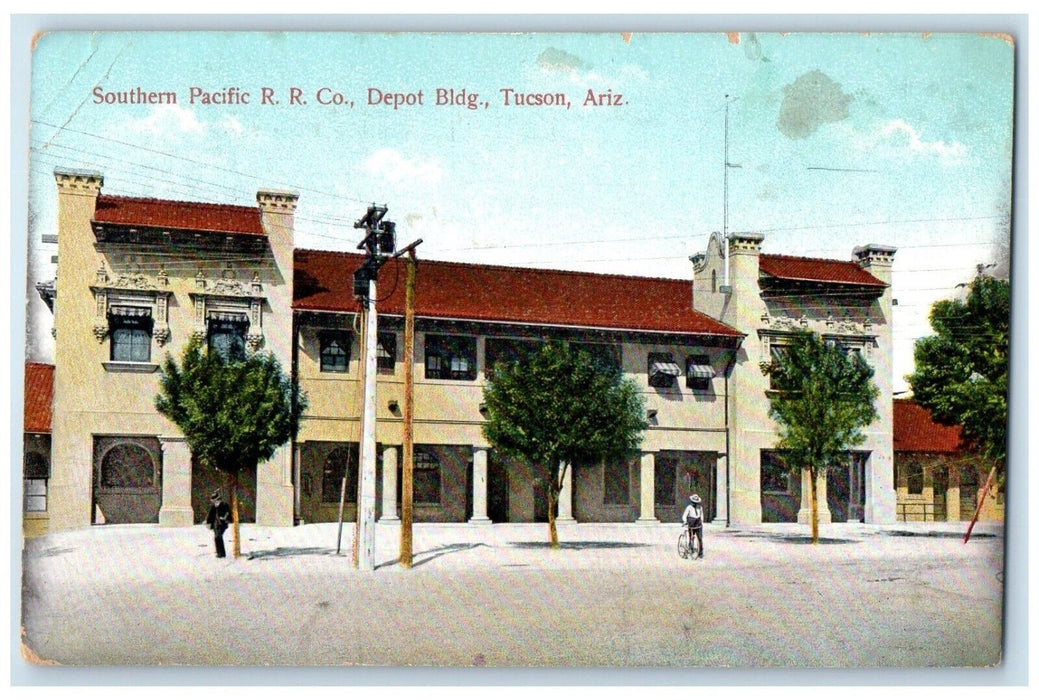 c1910's Southern Pacific RR Co. Depot Bldg. Bicycle Tucson Arizona AZ Postcard