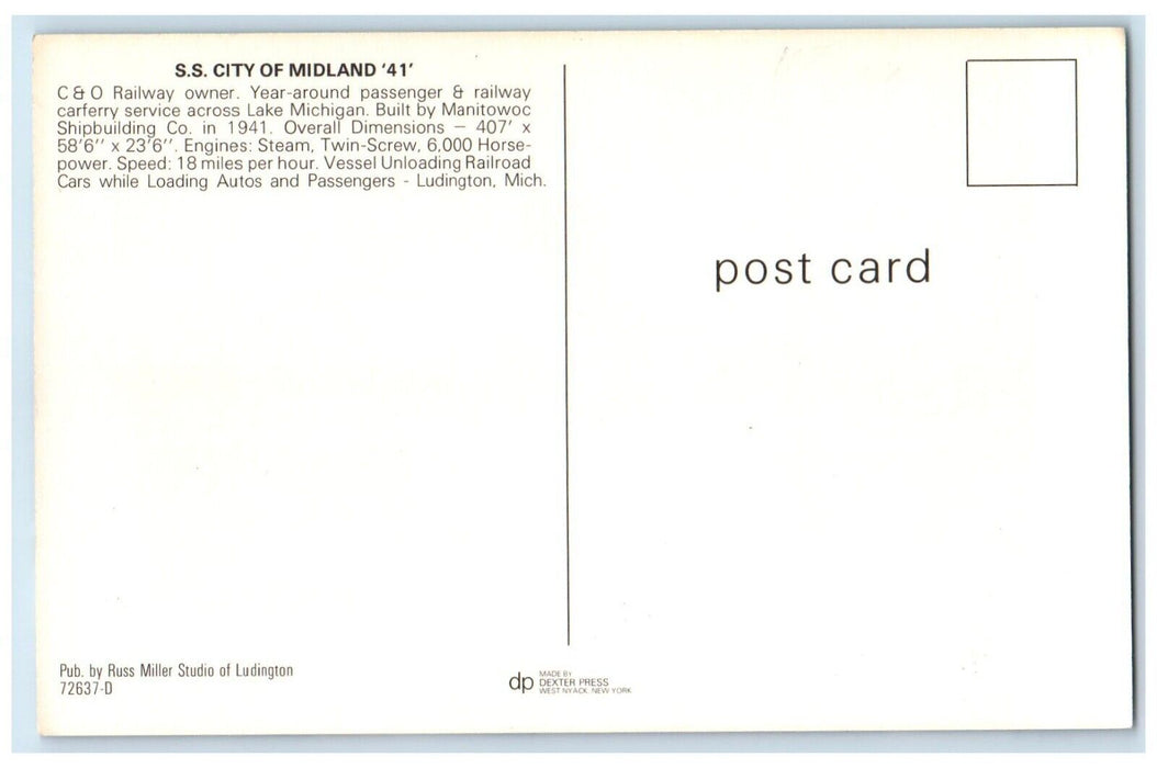 c1960 S.S. City Midland Railway Owner Lake Ship Manitowoc Ludington MI Postcard