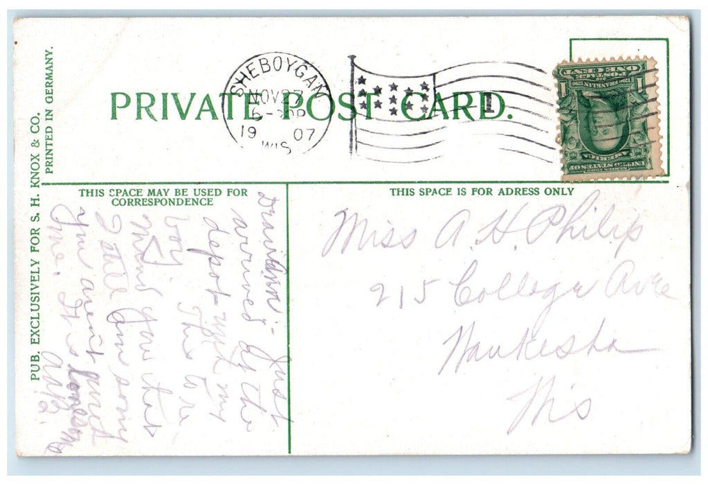 1907 Public Library Building Sheboygan Wisconsin Posted Vintage Antique Postcard