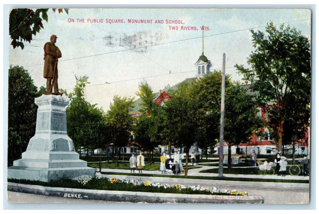 1910 Public Square Monument School Two Rivers Wisconsin Posted Vintage Postcard