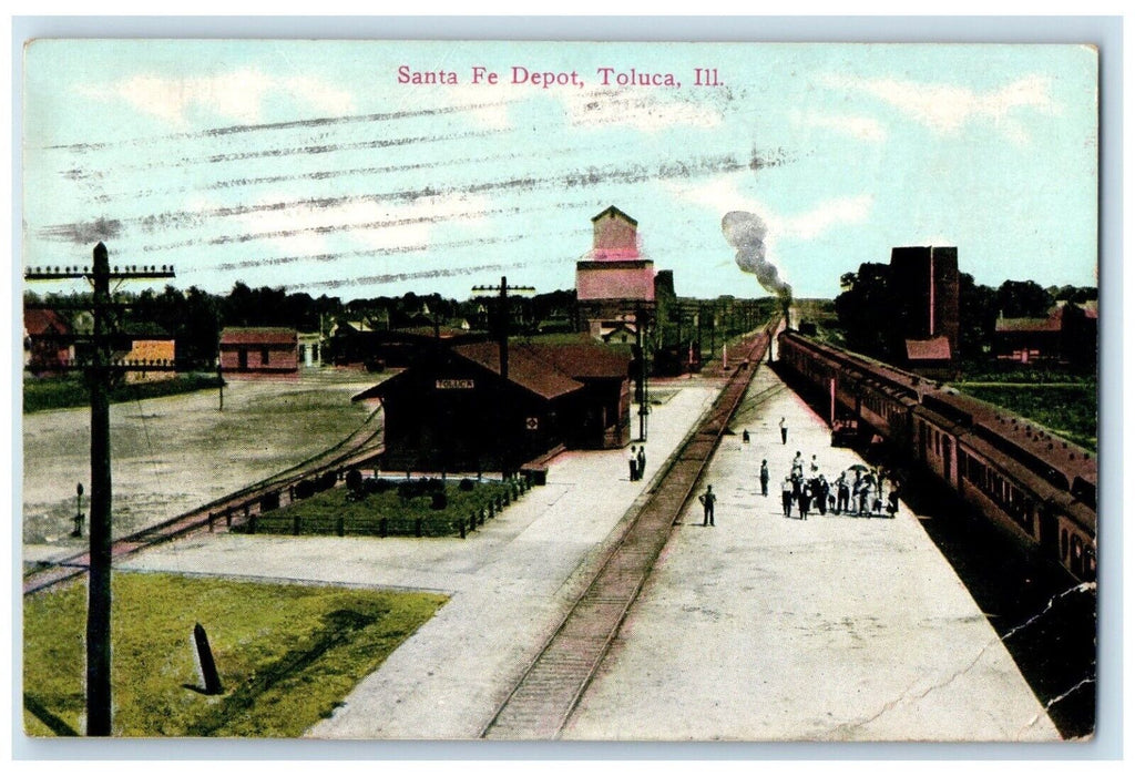 1914 Santa Fe Depot Railroad Train Toluca Illinois IL Posted Antique Postcard