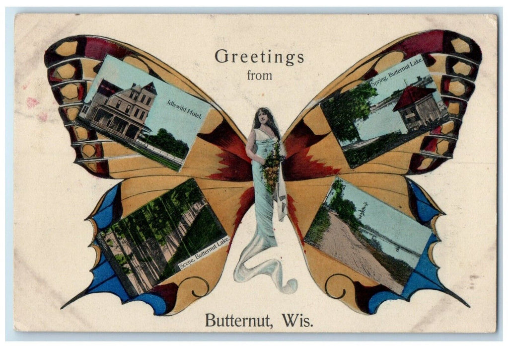 1910 Greetings From Butternut Wisconsin WI, Woman Butterfly Multiview Postcard