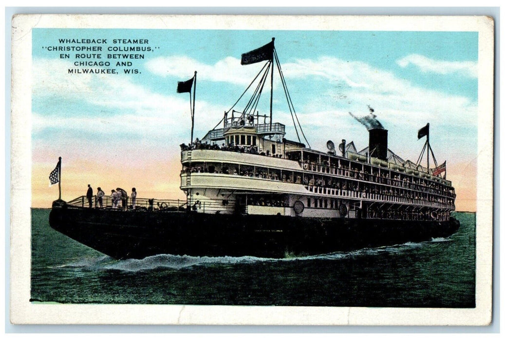 1930 Whaleback Steamer Christopher Columbus Route Milwaukee Wisconsin Postcard