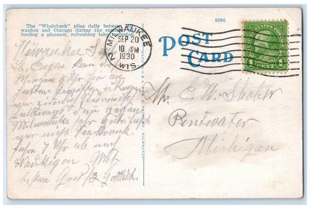 1930 Whaleback Steamer Christopher Columbus Route Milwaukee Wisconsin Postcard