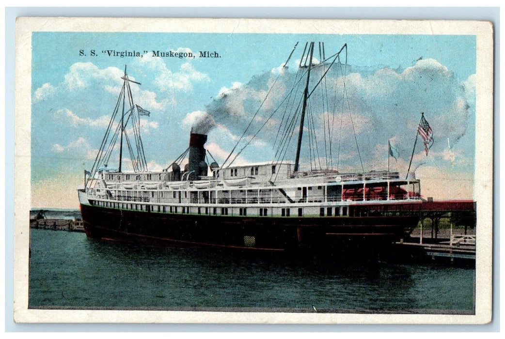 c1920 S.S. Virginia Steamer Ship Cruise Dock Muskegon Michigan Vintage Postcard