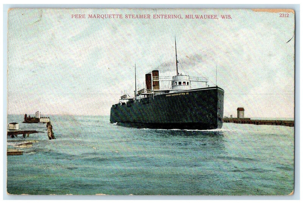 1909 Pere Marquette Steamer Entering Ship Cruise Milwaukee Wisconsin WI Postcard