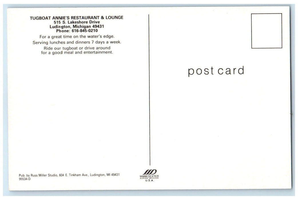 c1960 Tugboat Annie's Restaurant Lounge Lakeshore Drive Ludington MI Postcard