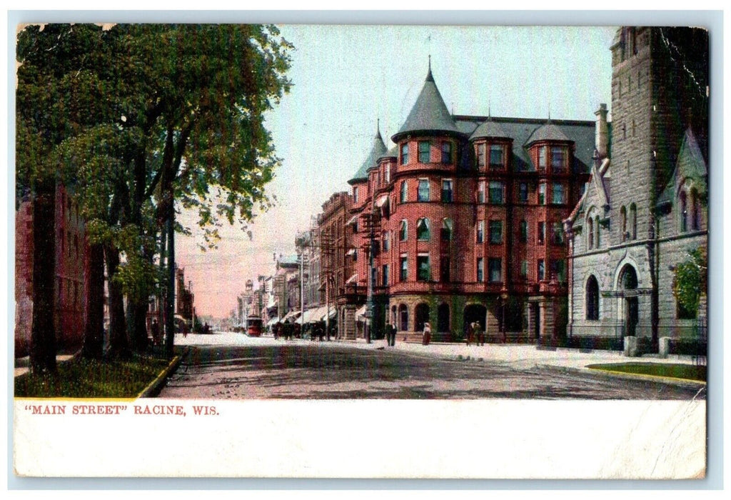 1909 Main Street Buildings Streetcar Trolley Racine Wisconsin Vintage Postcard