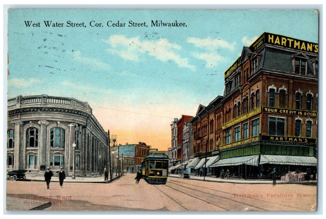 1910 West Water Street Cor. Cedar Street Streetcar Milwaukee Wisconsin Postcard