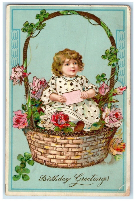 1914 Birthday Greetings Little Girl In Basket Flowers Gel Gold Gilt Postcard