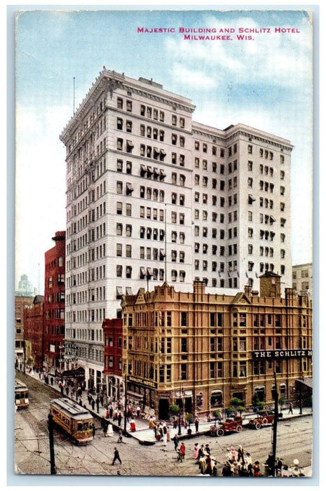 1915 Majestic Building Schlitz Hotel Streetcar Milwaukee Wisconsin WI Postcard