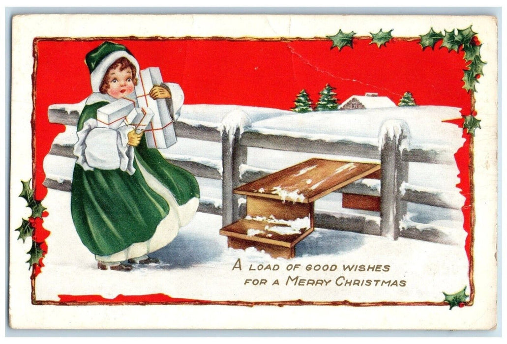 1915 Merry Christmas Woman Holding Gifts In Winter Holly Berries Posted Postcard